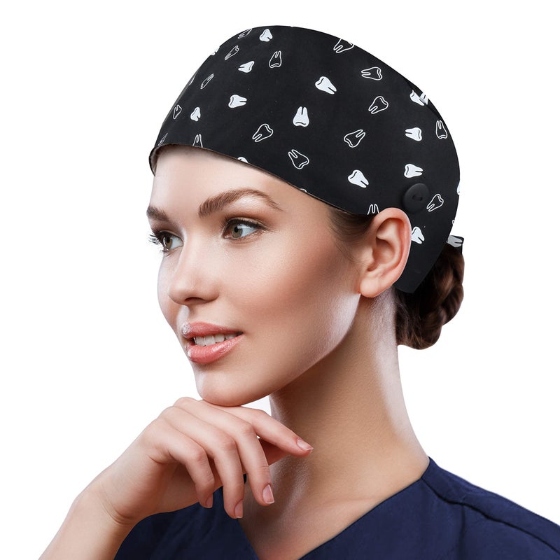 QBA Adjustable Working Cap with Button  Satin Lined Scrub Hat  Cotton Working Hat Sweatband  Elastic Bandage Tie Back Hats for Women & Men  One Size  #Satin-Lined Tooth BLK - Image 3